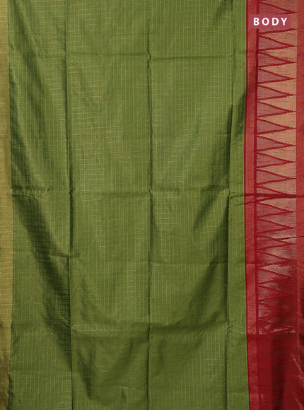 Semi dupion saree green and maroon with allover zari checked pattern and long temple zari woven border