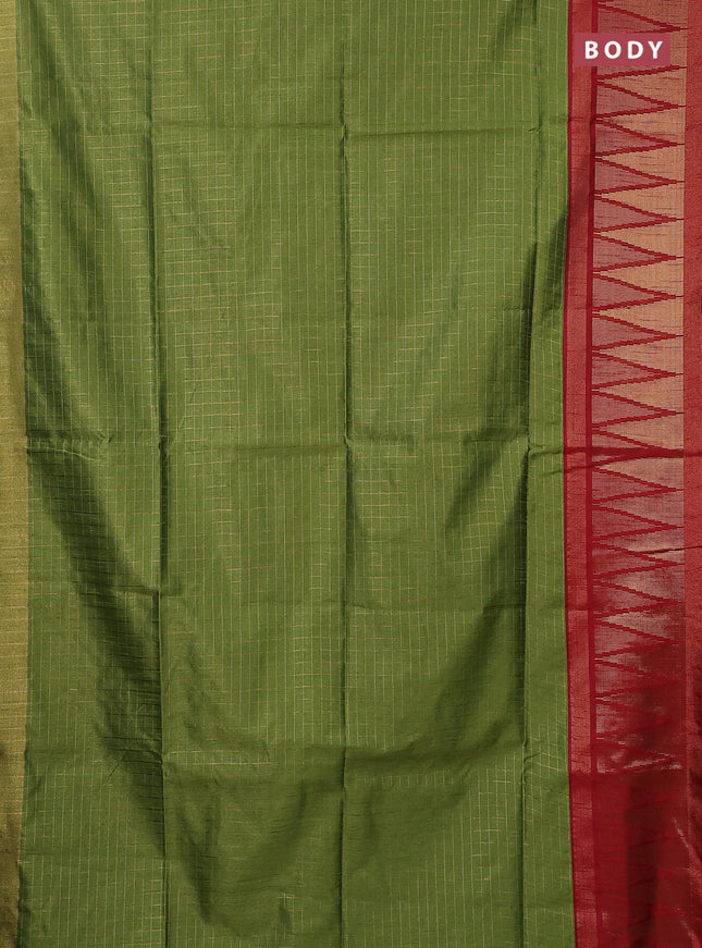 Semi dupion saree green and maroon with allover zari checked pattern and long temple zari woven border