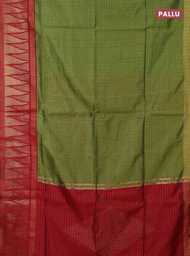 Semi dupion saree green and maroon with allover zari checked pattern and long temple zari woven border