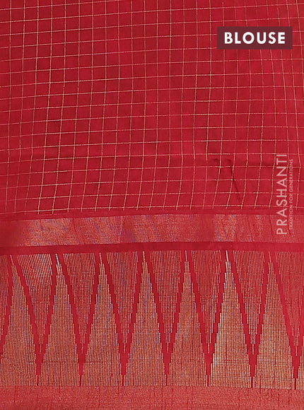 Semi dupion saree green and maroon with allover zari checked pattern and long temple zari woven border