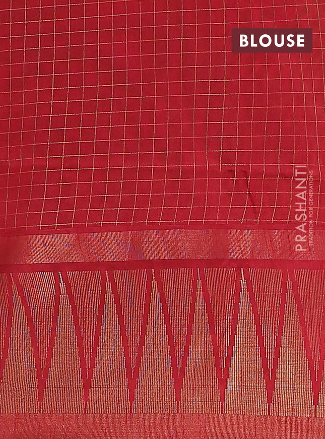 Semi dupion saree green and maroon with allover zari checked pattern and long temple zari woven border