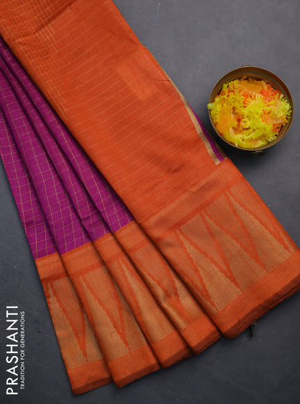 Semi dupion saree purple and orange with allover zari checked pattern and long temple zari woven border