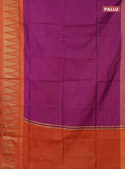 Semi dupion saree purple and orange with allover zari checked pattern and long temple zari woven border