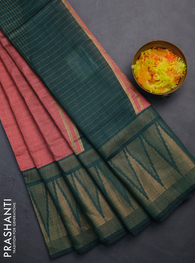 Semi dupion saree peach shade and bottle green with allover zari checked pattern and long temple zari woven border