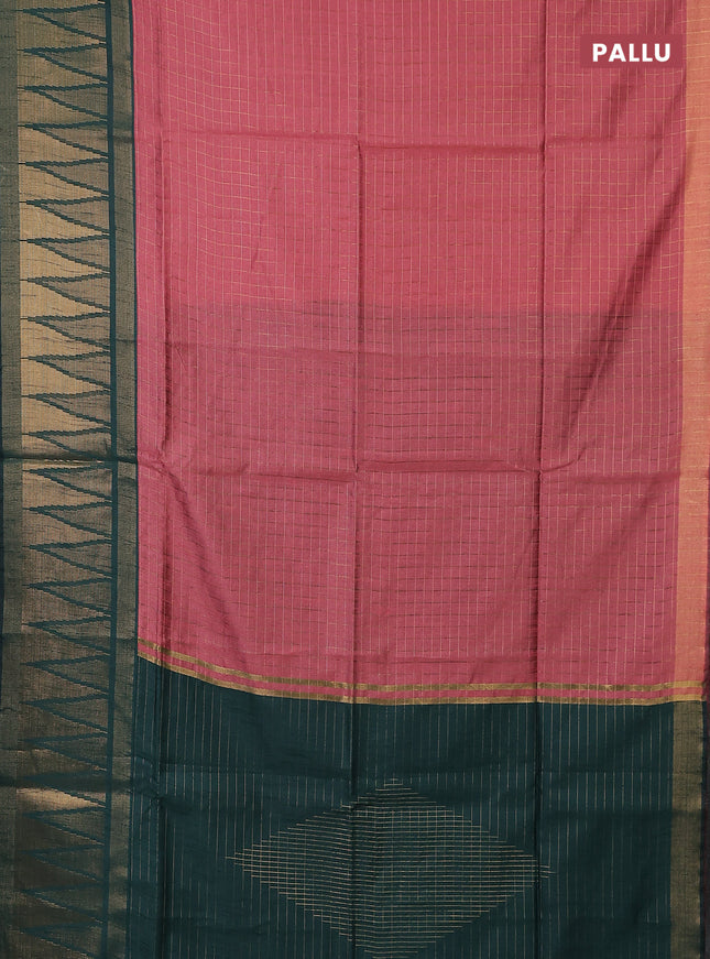 Semi dupion saree peach shade and bottle green with allover zari checked pattern and long temple zari woven border