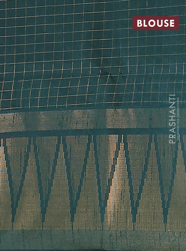 Semi dupion saree peach shade and bottle green with allover zari checked pattern and long temple zari woven border