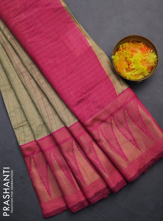 Semi dupion saree beige and pink with allover zari checked pattern and long temple zari woven border