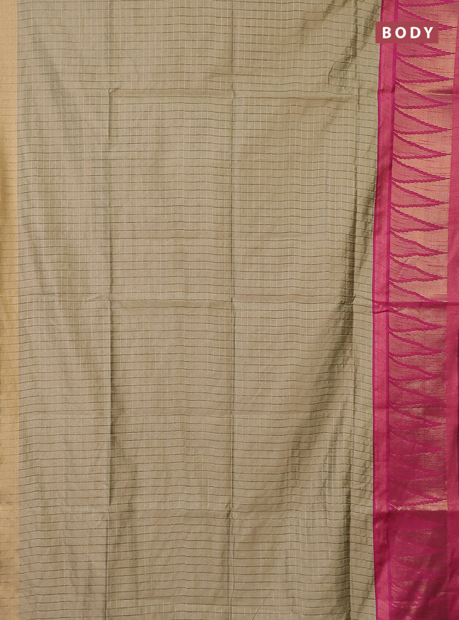 Semi dupion saree beige and pink with allover zari checked pattern and long temple zari woven border