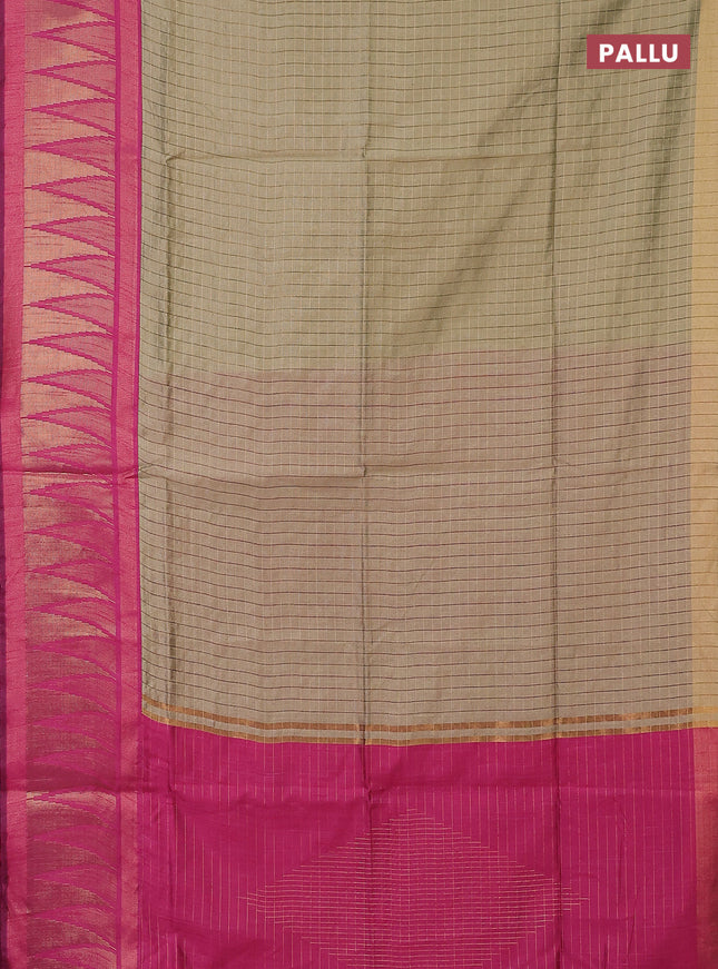 Semi dupion saree beige and pink with allover zari checked pattern and long temple zari woven border