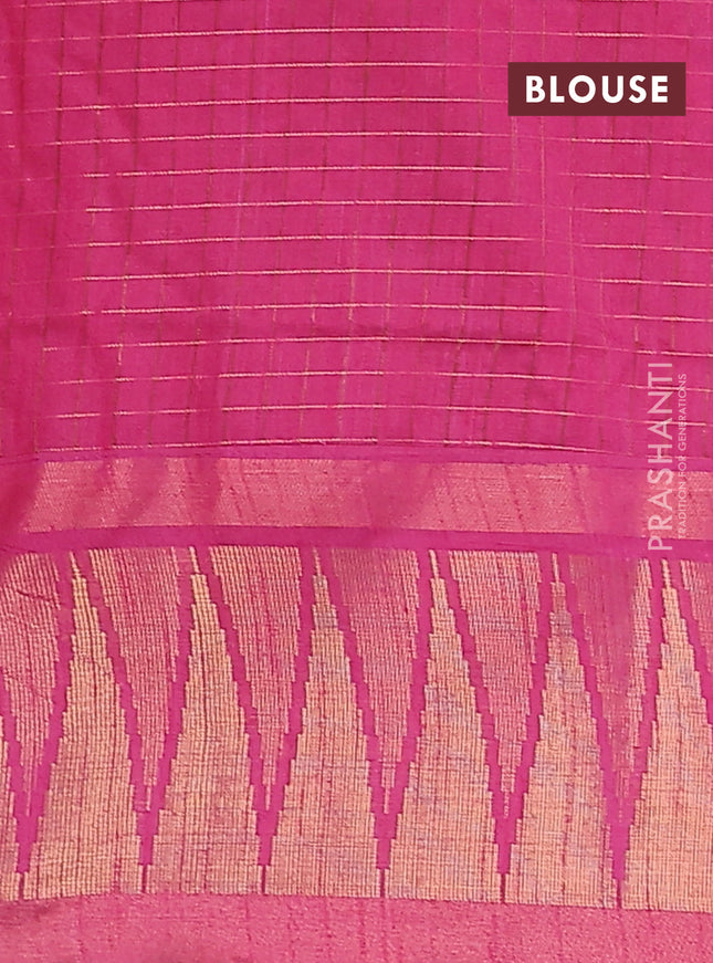 Semi dupion saree beige and pink with allover zari checked pattern and long temple zari woven border