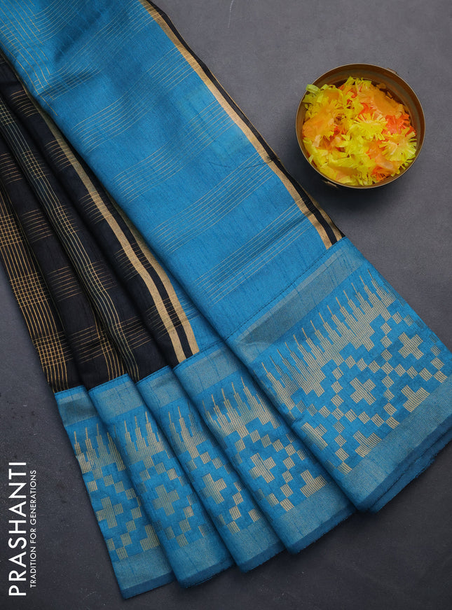Semi dupion saree black and blue with allover zari checked pattern and long temple zari woven border