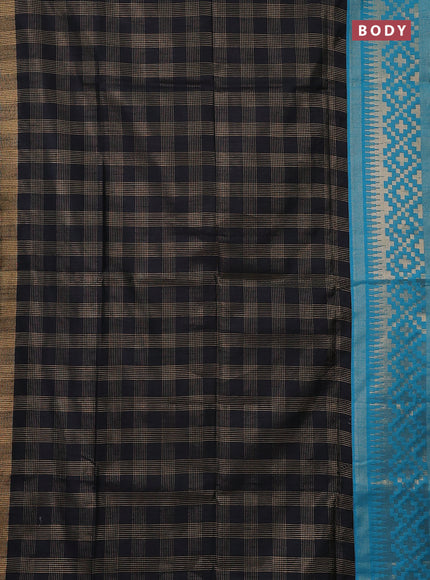 Semi dupion saree black and blue with allover zari checked pattern and long temple zari woven border