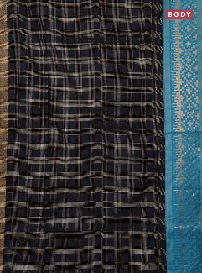 Semi dupion saree black and blue with allover zari checked pattern and long temple zari woven border