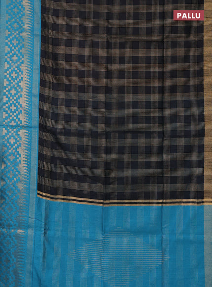 Semi dupion saree black and blue with allover zari checked pattern and long temple zari woven border