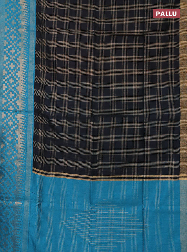 Semi dupion saree black and blue with allover zari checked pattern and long temple zari woven border