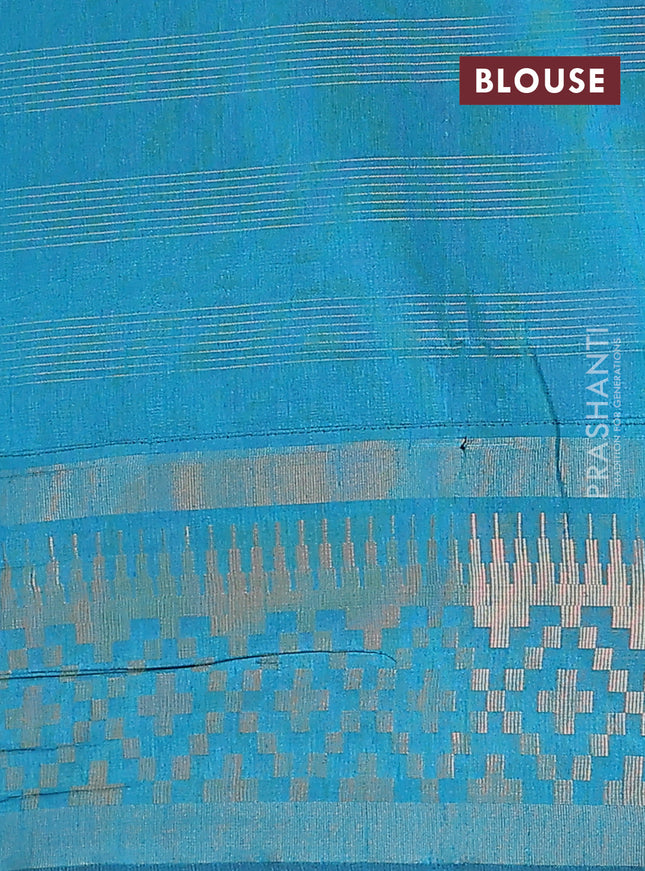 Semi dupion saree black and blue with allover zari checked pattern and long temple zari woven border