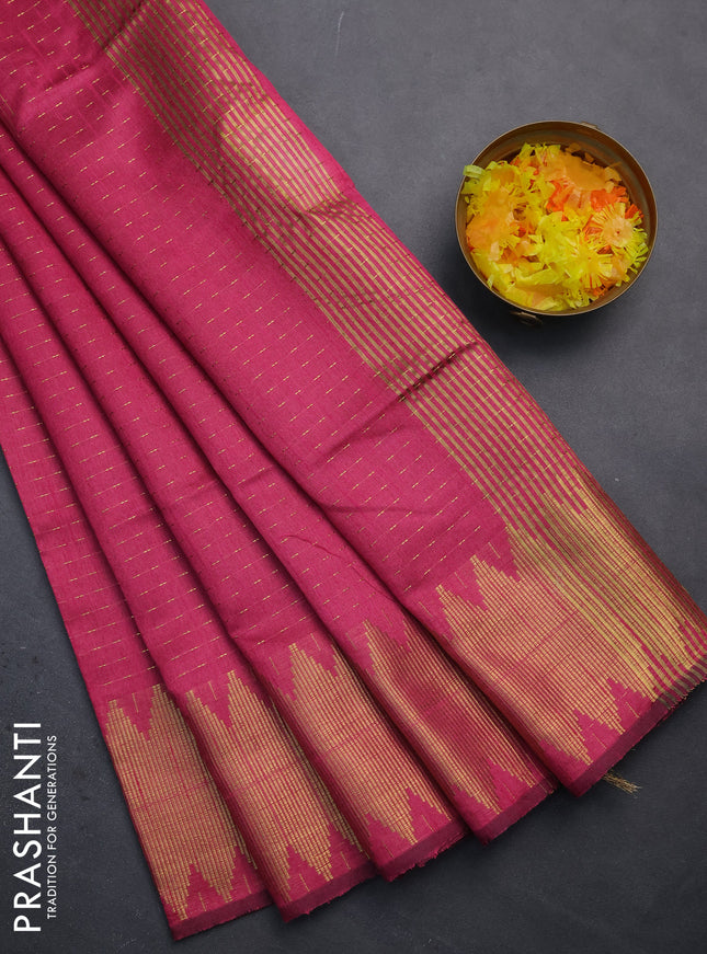 Semi dupion saree pink with allover zari woven buttas and temple zari woven border