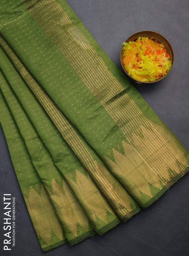 Semi dupion saree sap green with allover zari woven buttas and temple zari woven border