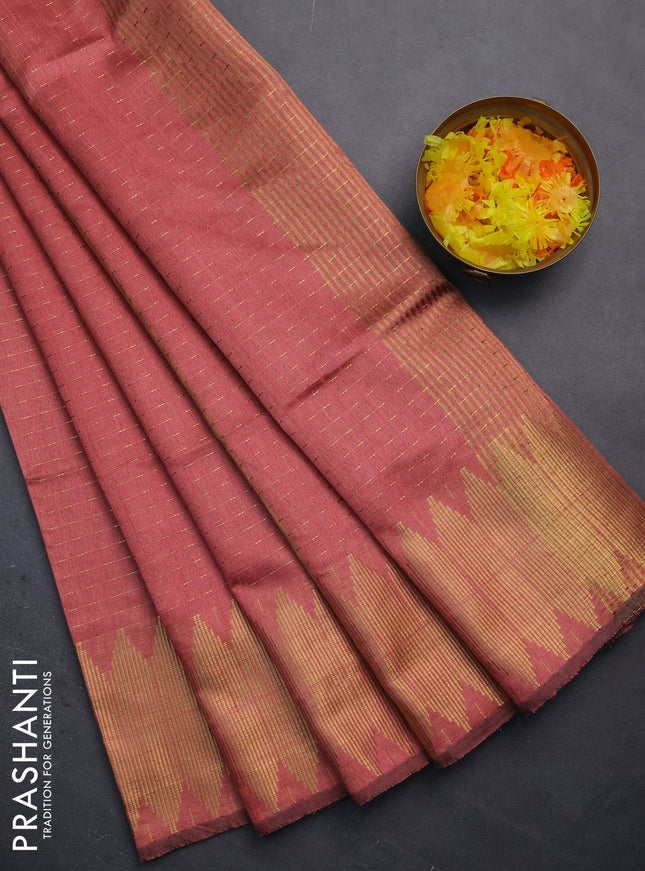 Semi dupion saree peach pink shade with allover zari woven buttas and temple zari woven border