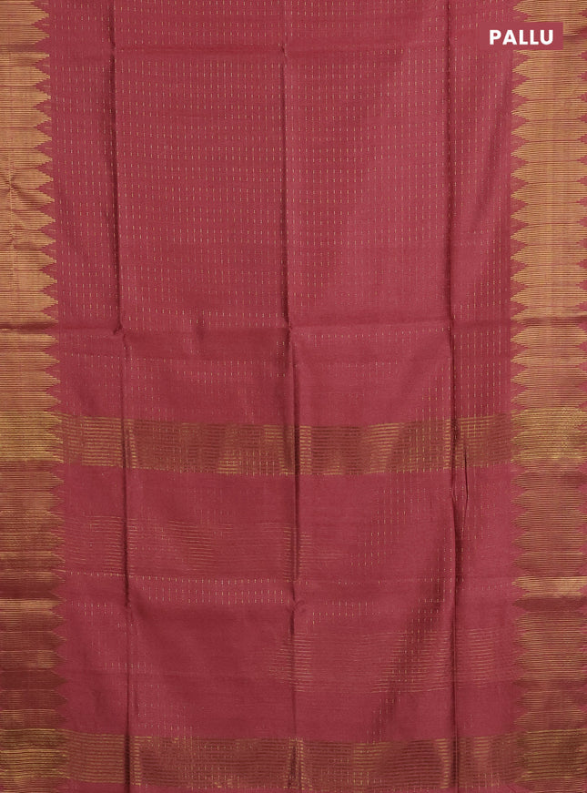 Semi dupion saree peach pink shade with allover zari woven buttas and temple zari woven border