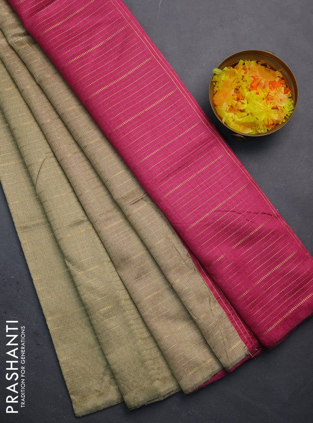Semi dupion saree beige and pink with allover zari weaves in borderless style