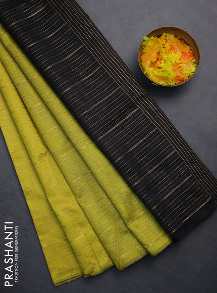 Semi dupion saree lime yellow and black with allover zari weaves in borderless style