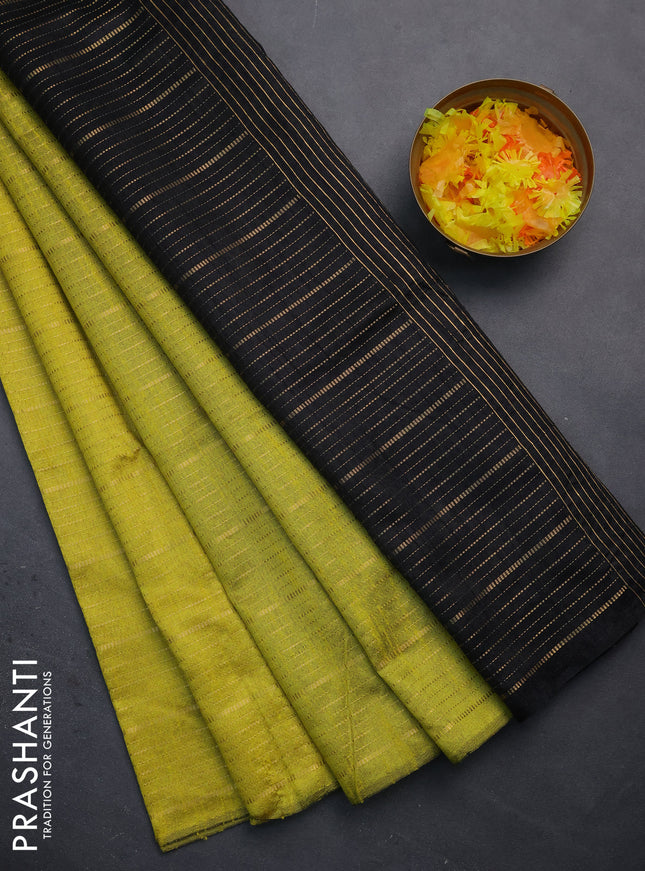 Semi dupion saree lime yellow and black with allover zari weaves in borderless style