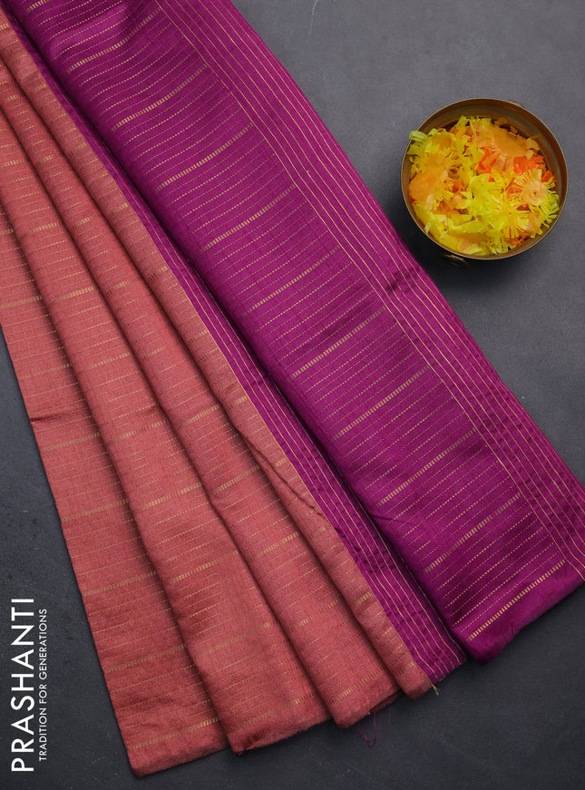 Semi dupion saree peach shade and purple with allover zari weaves in borderless style