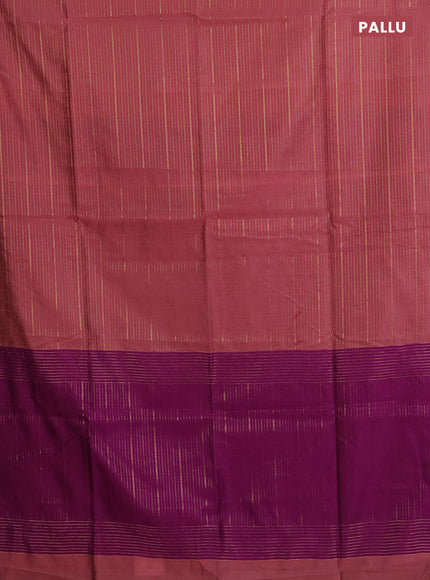 Semi dupion saree peach shade and purple with allover zari weaves in borderless style