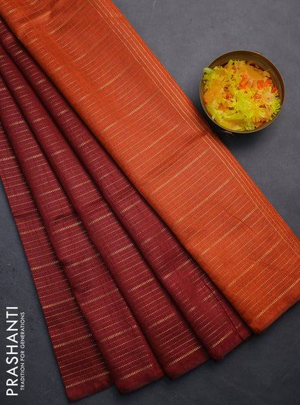 Semi dupion saree maroon and orange with allover zari weaves in borderless style