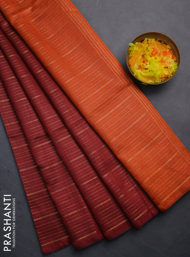 Semi dupion saree maroon and orange with allover zari weaves in borderless style