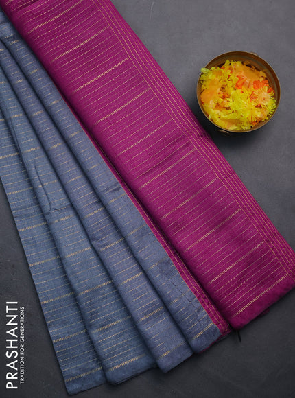 Semi dupion saree grey and purple with allover zari weaves in borderless style