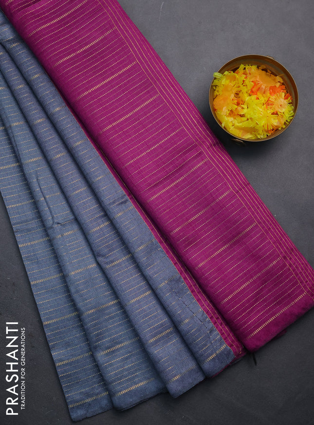 Semi dupion saree grey and purple with allover zari weaves in borderless style