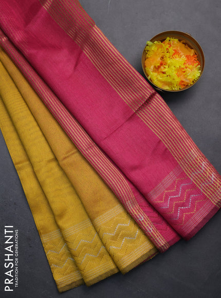 Semi dupion saree yellow and pink with plain body and silver & gold zari woven border