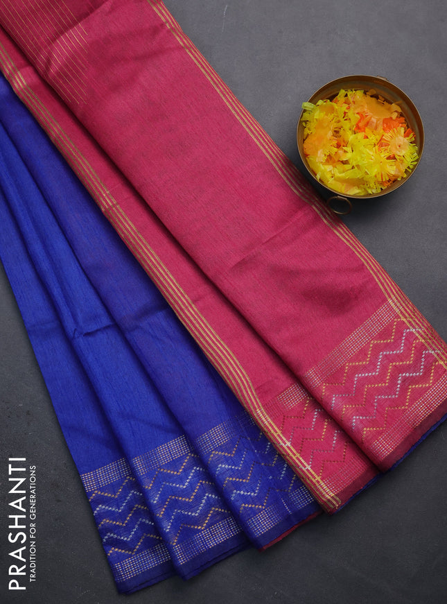 Semi dupion saree blue and pink with plain body and silver & gold zari woven border