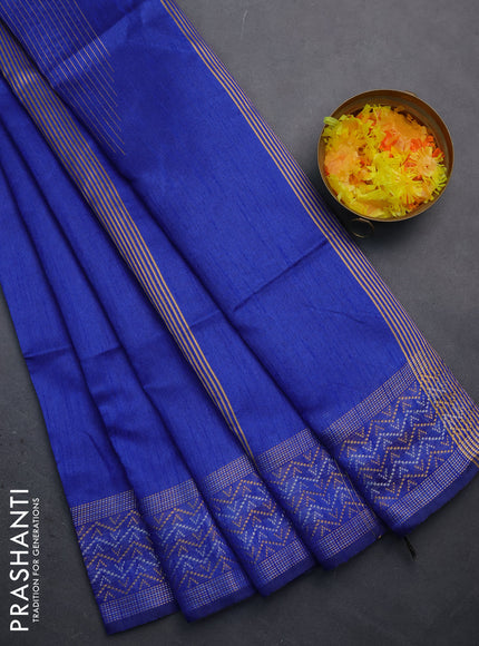 Semi dupion saree royal blue with plain body and silver & gold zari woven border