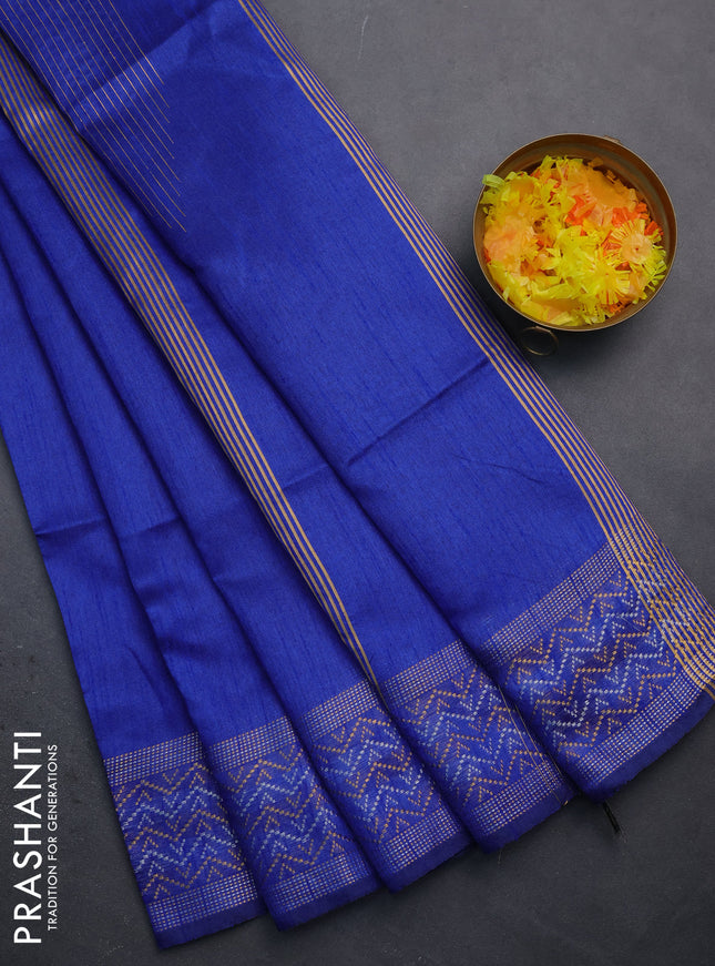 Semi dupion saree royal blue with plain body and silver & gold zari woven border