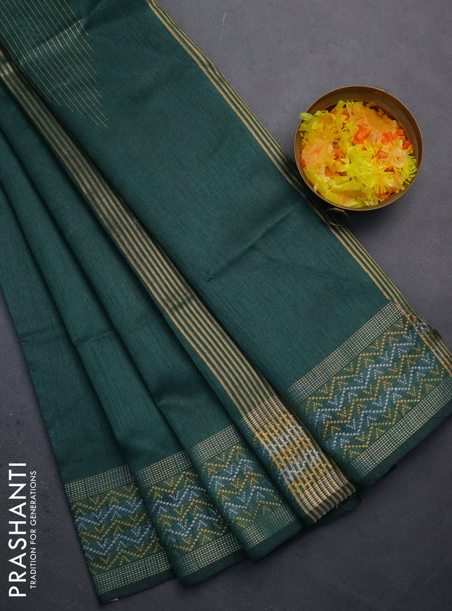 Semi dupion saree bottle green with plain body and silver & gold zari woven border