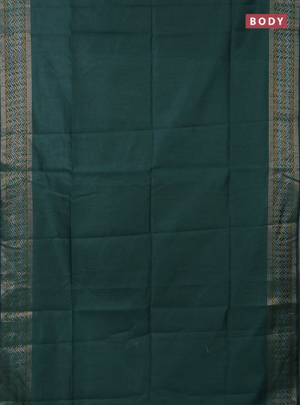 Semi dupion saree bottle green with plain body and silver & gold zari woven border