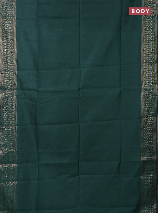 Semi dupion saree bottle green with plain body and silver & gold zari woven border