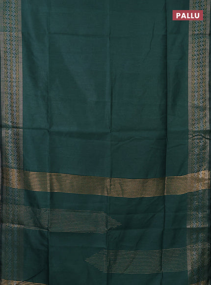 Semi dupion saree bottle green with plain body and silver & gold zari woven border