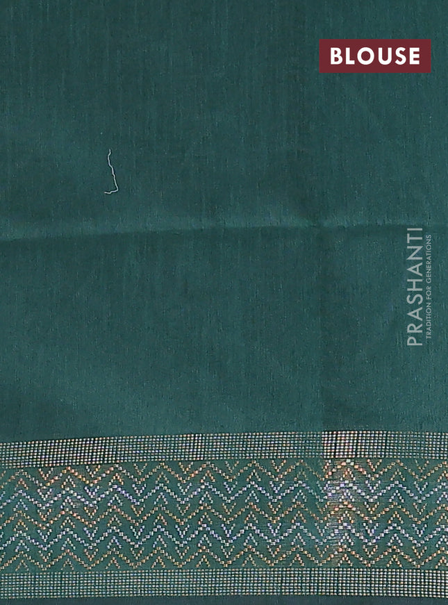 Semi dupion saree bottle green with plain body and silver & gold zari woven border