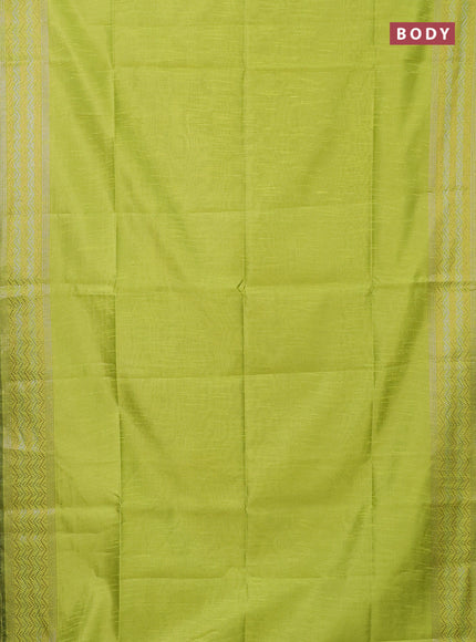 Semi dupion saree fluorescent green with plain body and silver & gold zari woven border