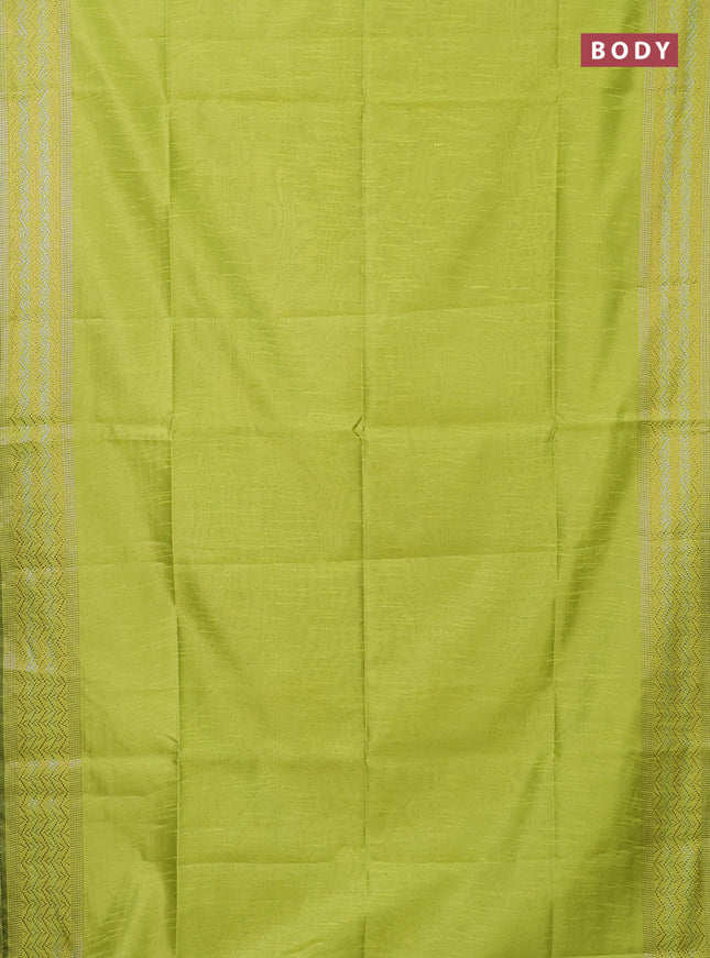 Semi dupion saree fluorescent green with plain body and silver & gold zari woven border