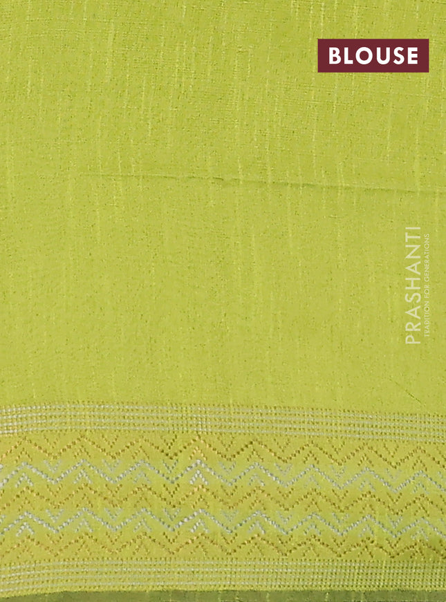Semi dupion saree fluorescent green with plain body and silver & gold zari woven border