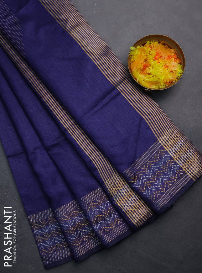 Semi dupion saree dark blue with plain body and silver & gold zari woven border