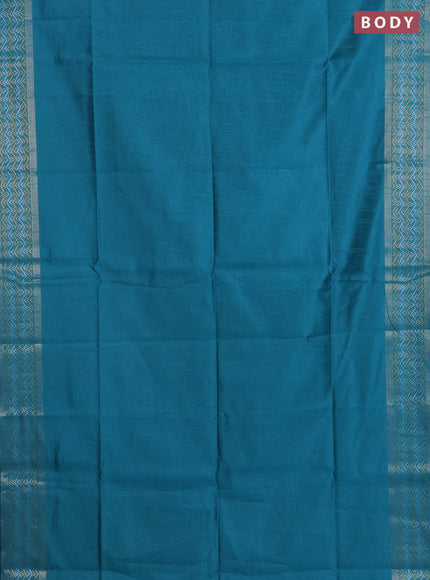 Semi dupion saree teal blue with plain body and silver & gold zari woven border