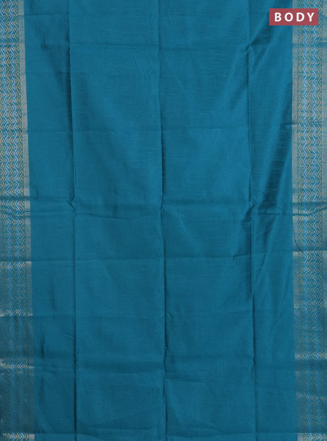 Semi dupion saree teal blue with plain body and silver & gold zari woven border