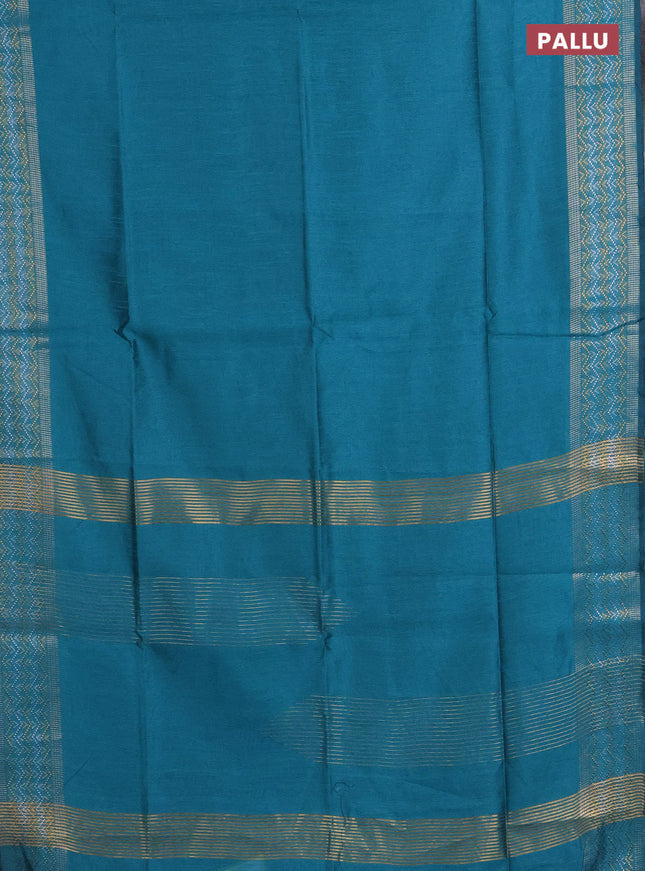 Semi dupion saree teal blue with plain body and silver & gold zari woven border