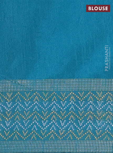 Semi dupion saree teal blue with plain body and silver & gold zari woven border